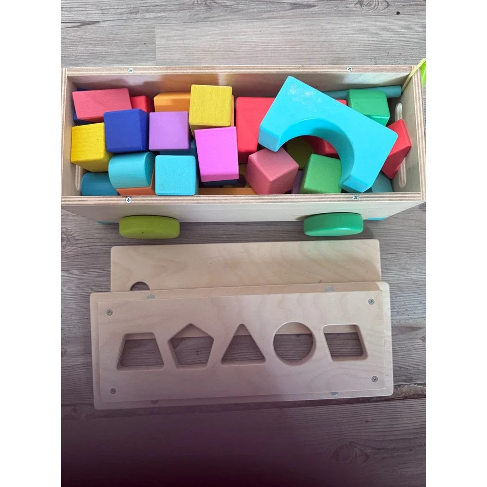 Wooden Block Set Shape Sorter Wagon Toddler Educational Toy Colorful Blocks